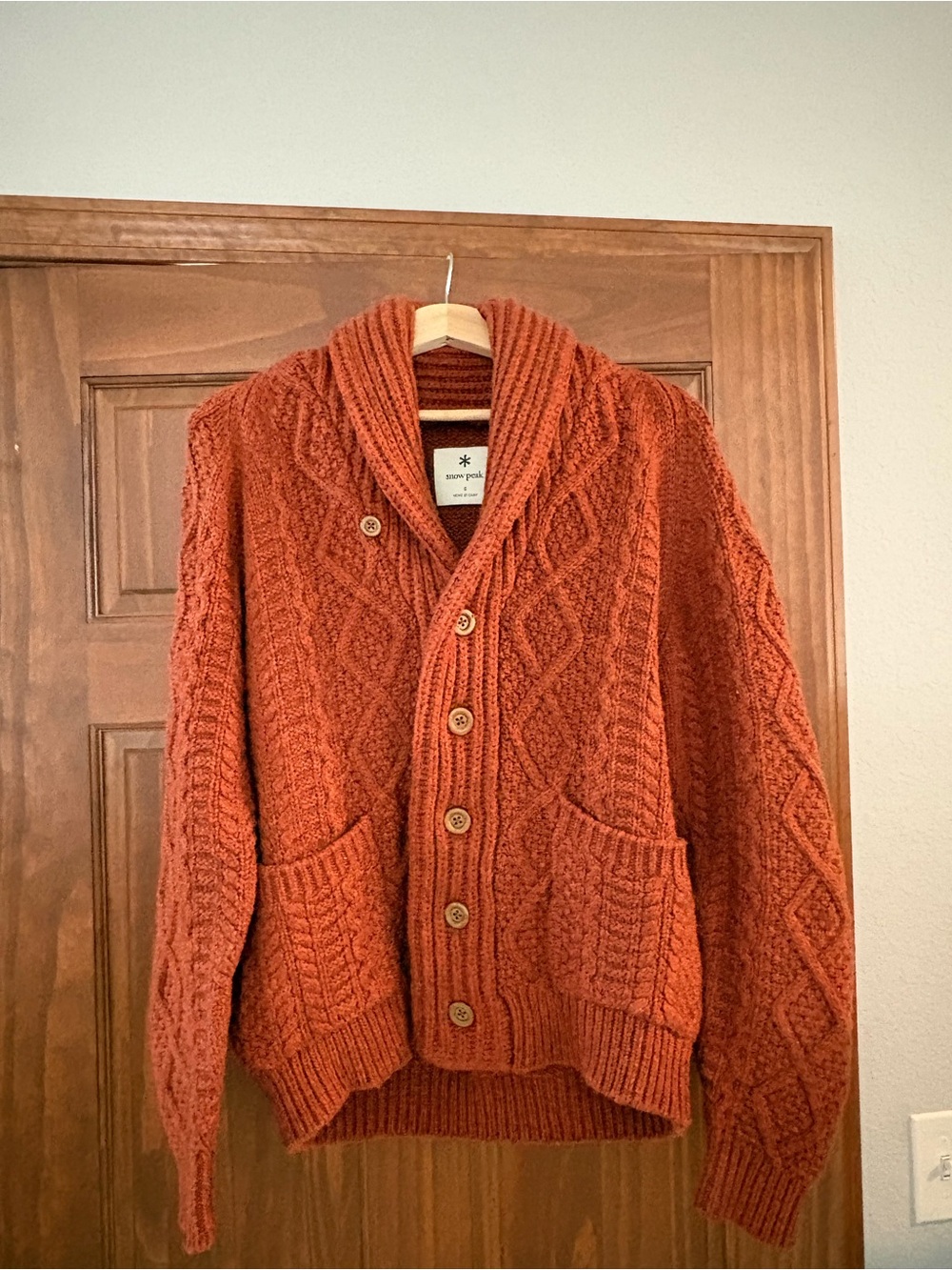 Snow Peak Shawl Collar Cable Knit Cardigan - Rust Orange
